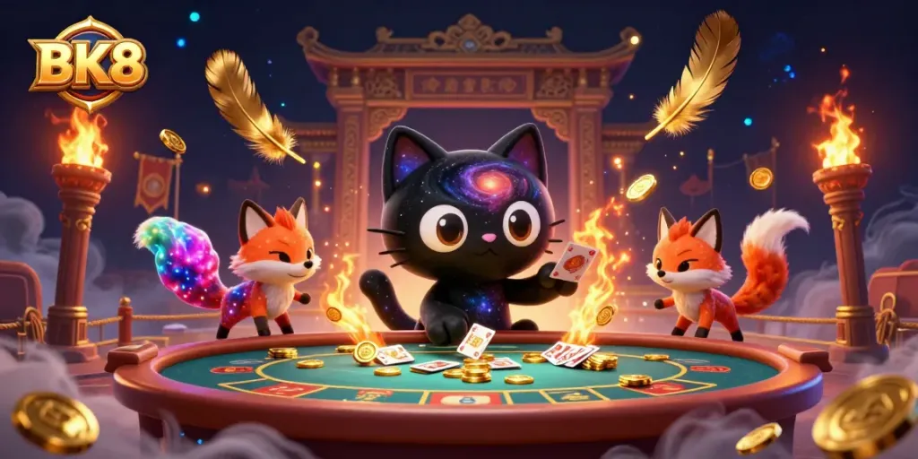 Participate in winning moments with BK8, where a cosmic cat and nebula fox enhance your gaming experience.