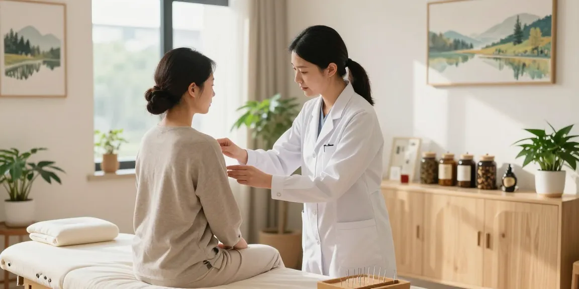 Consultation at 영통한의원 with a caring acupuncturist explaining treatment in a tranquil wellness clinic.