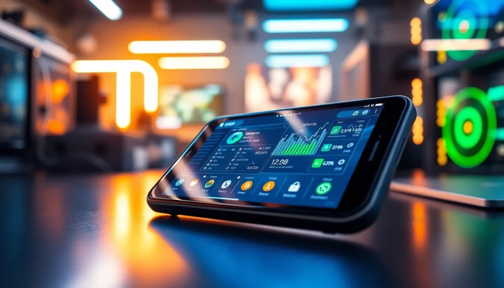 Engaging user interface of a cloud mining app displayed on a smartphone in a modern tech setting.