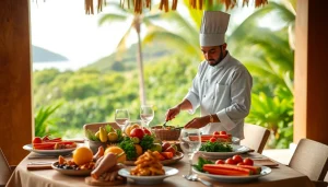 Sint Maarten private chef crafting an exquisite meal in a tropical villa setting.