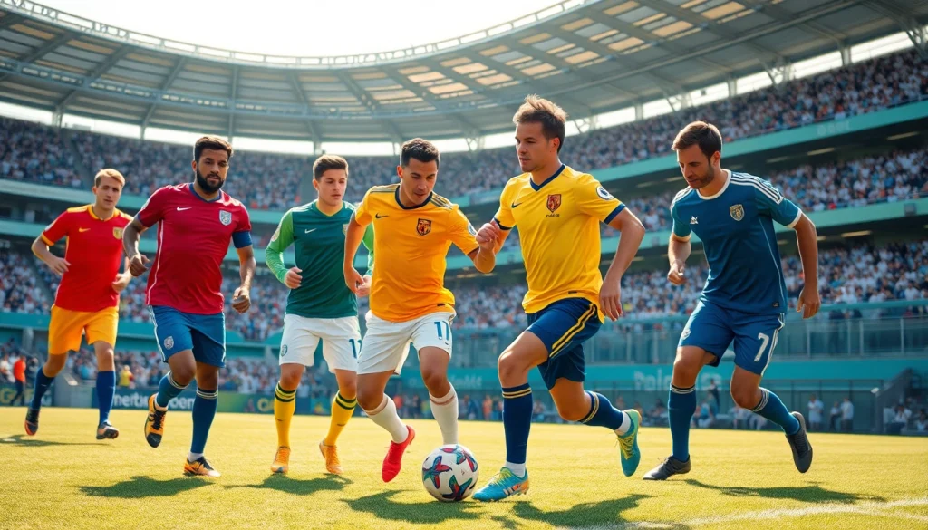 Shop vibrant discount football shirts worn by passionate players in an energetic match setting.