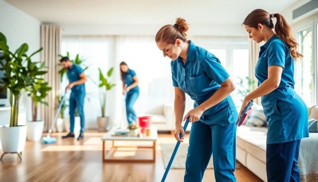 Cleaning service team professionally cleaning a modern living room space.