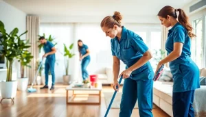 Cleaning service team professionally cleaning a modern living room space.
