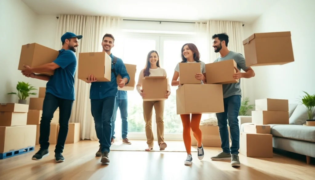 Toronto movers efficiently helping a family relocate their belongings in a bright, modern home.