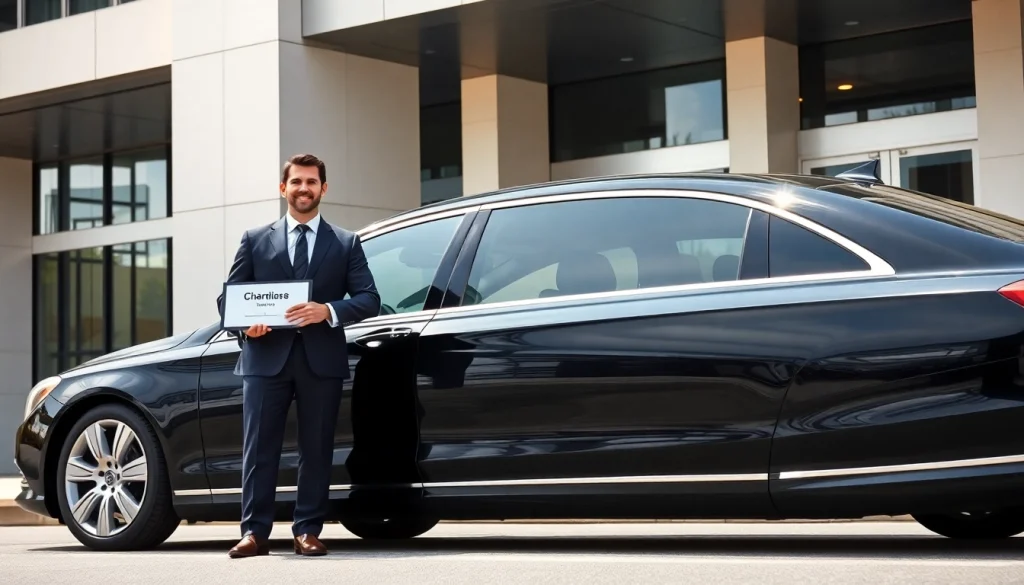 Chauffeur Hire in a luxurious sedan outside a corporate building with a professional driver.