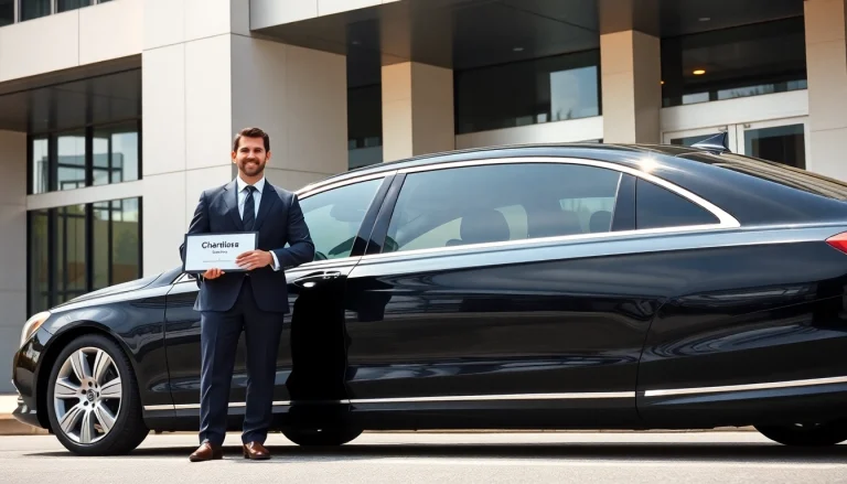 Chauffeur Hire in a luxurious sedan outside a corporate building with a professional driver.