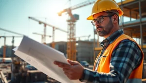 Efficient New Jersey Construction Manager supervising tasks on a vibrant construction site with blueprints.