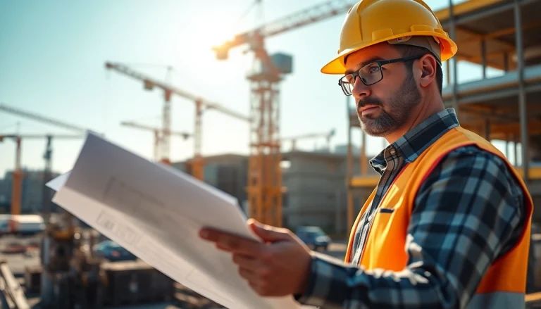 Efficient New Jersey Construction Manager supervising tasks on a vibrant construction site with blueprints.