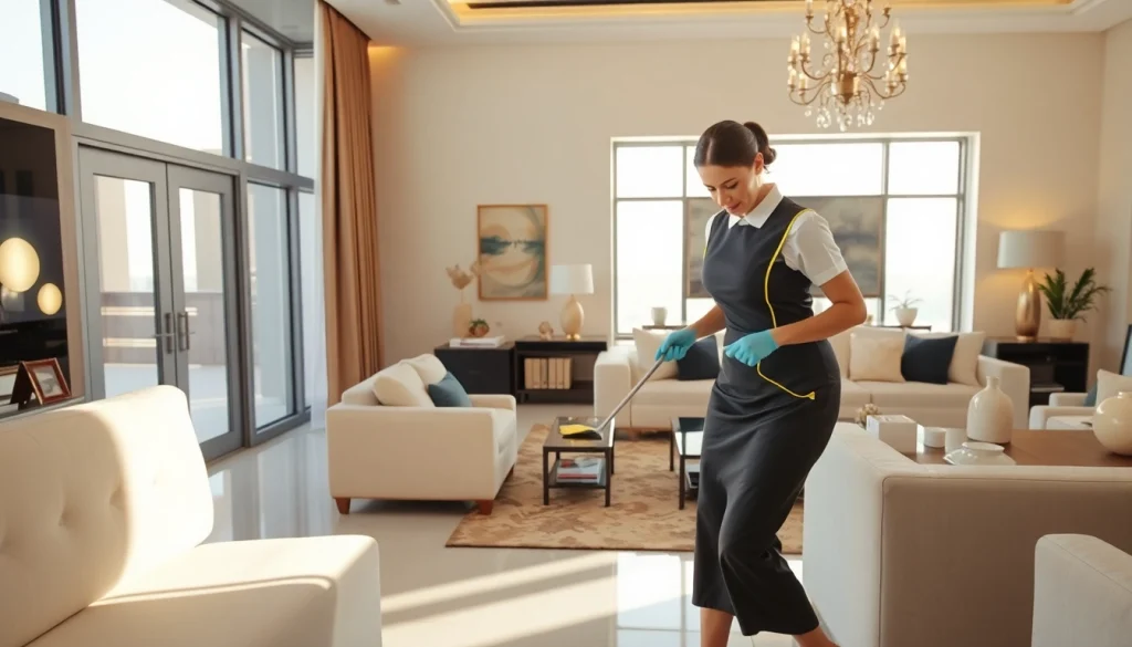 Maid Abu Dhabi efficiently cleaning a stylish home, showcasing professionalism and care.