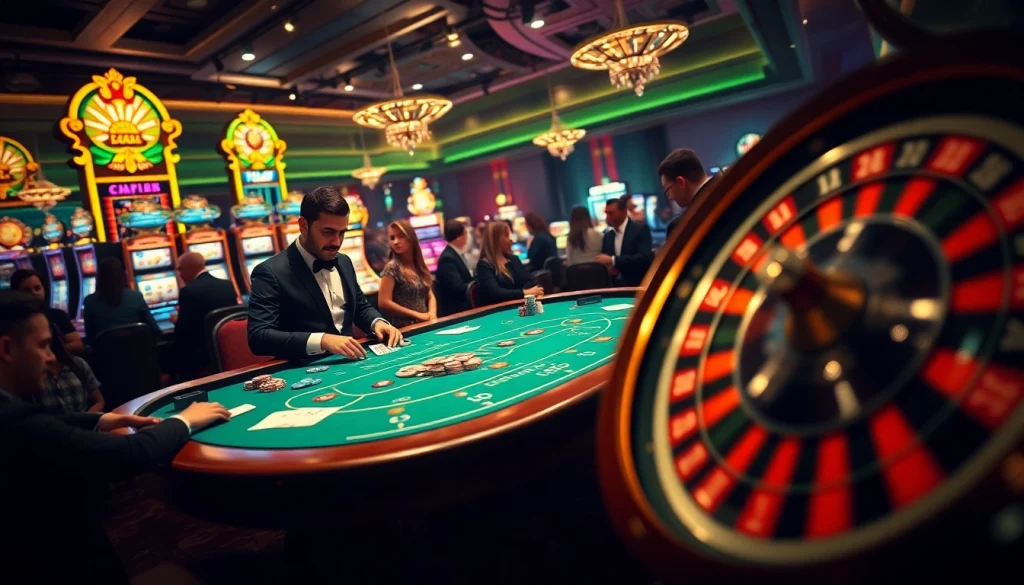 Experience the thrill of the casino with players at a poker table and the vibrant lights of https://mm88.video/ slot machines.