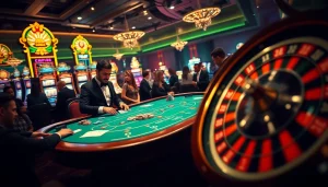 Experience the thrill of the casino with players at a poker table and the vibrant lights of https://mm88.video/ slot machines.