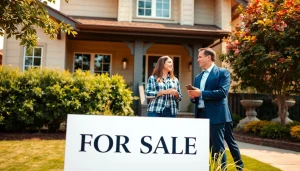 Real Estate agent showcasing a beautiful home to clients in a welcoming outdoor setting.