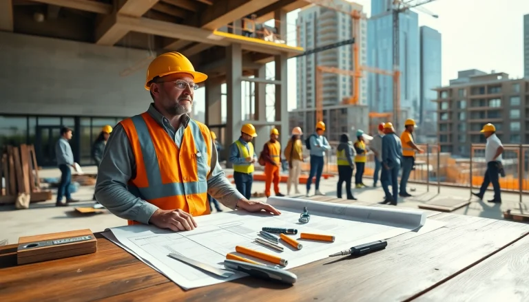 Manhattan General Contractor overseeing a construction site with blueprints and diverse team members.