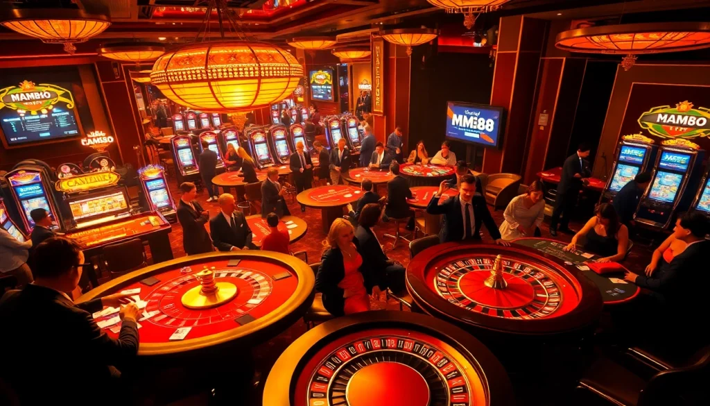 Experience the thrill of gaming on the Trang chủ MM88 with grand casino tables and excited players.