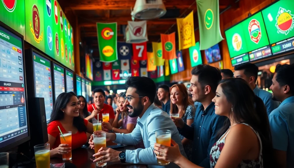 Engaged patrons at the best sports betting sites Mexico in a lively sports bar atmosphere.