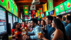 Engaged patrons at the best sports betting sites Mexico in a lively sports bar atmosphere.