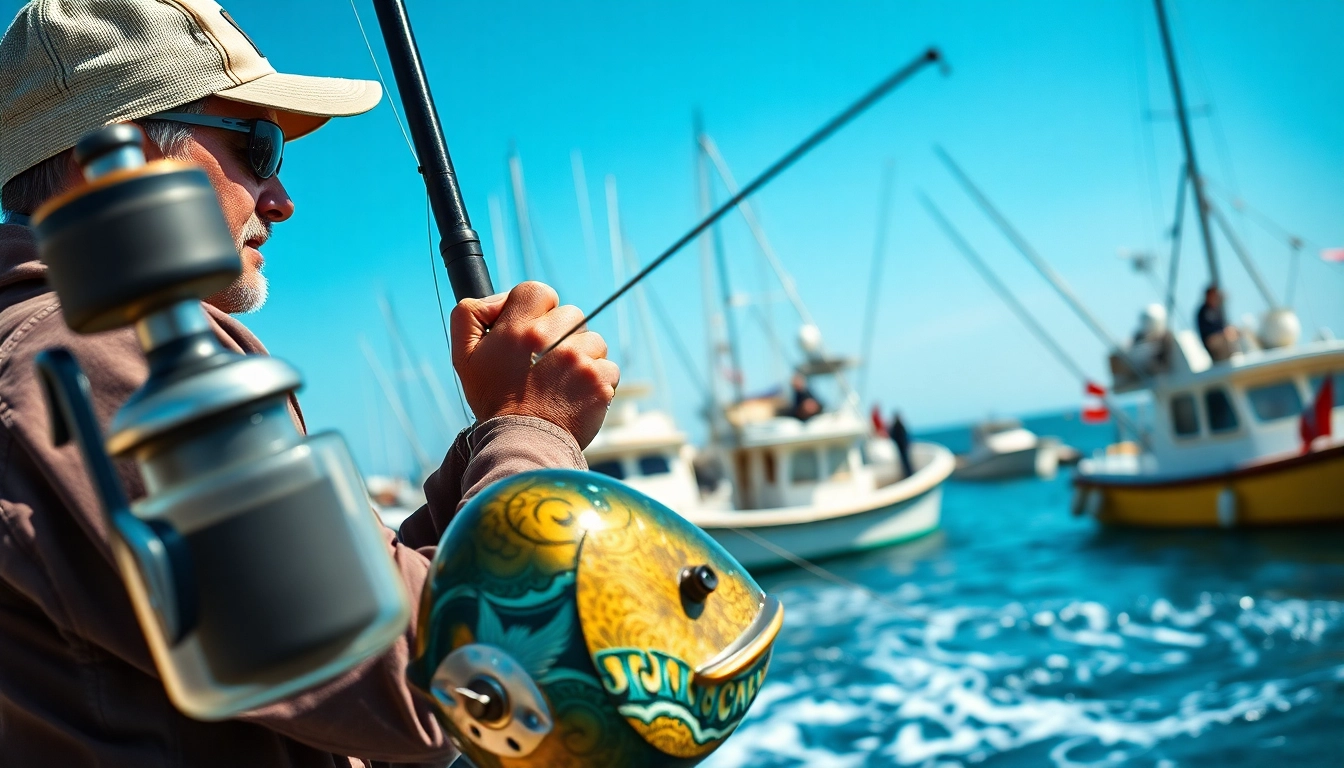 Showcasing fishing gear for Cabo with a professional fisherman in a vibrant harbor setting.
