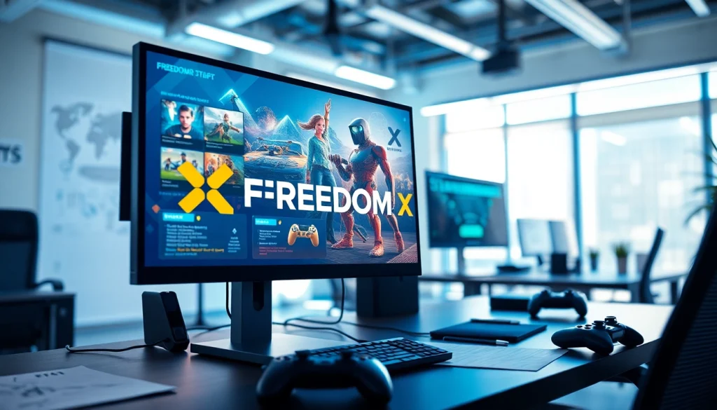 Design an engaging workspace for game development featuring Freedom X logo and vibrant graphics.