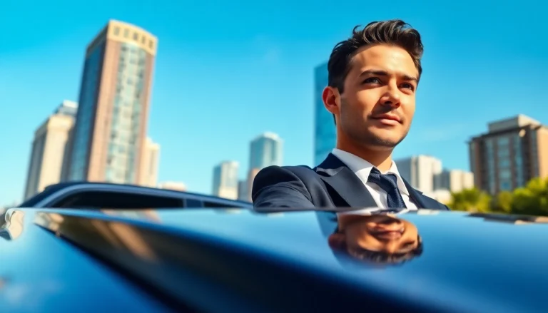 Experience Chauffeur Hire with a professional chauffeur welcoming clients by a luxury vehicle.