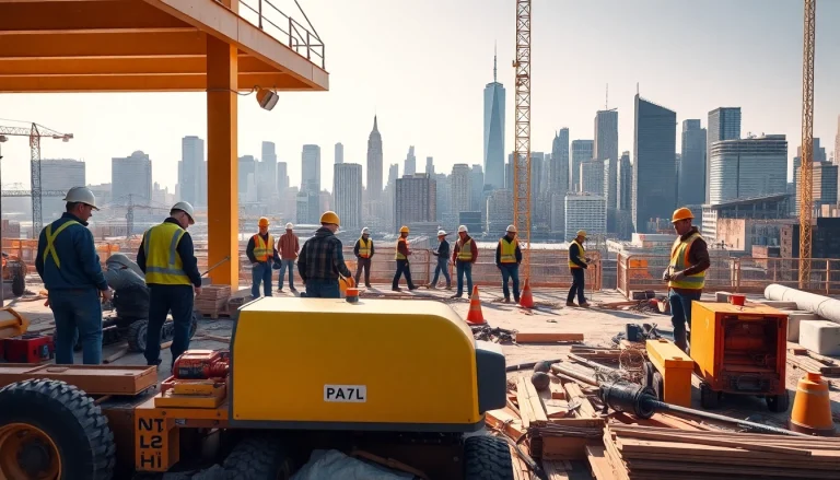 New York City General Contractor overseeing diverse construction team at urban site.