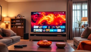 Engaging living room with iron IPTV streaming on TV amidst cozy furnishings.