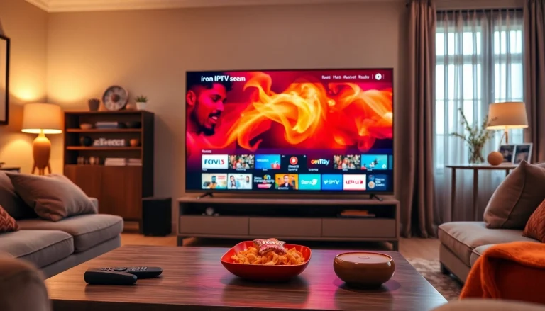 Engaging living room with iron IPTV streaming on TV amidst cozy furnishings.