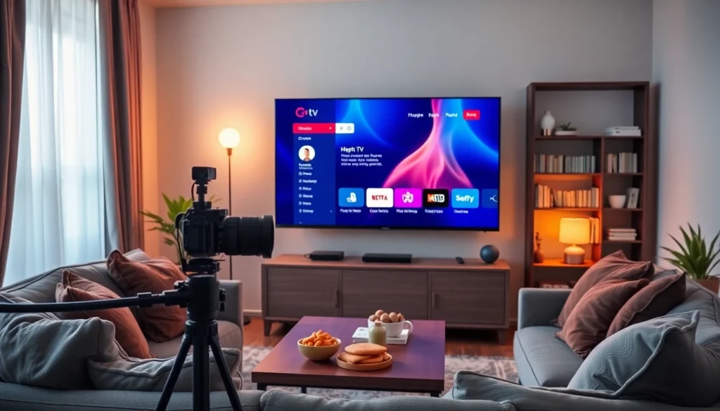 오징어tv를 시청하는 아늑한 거실 모습, 따뜻한 조명과 전문적인 방송 설정 포함