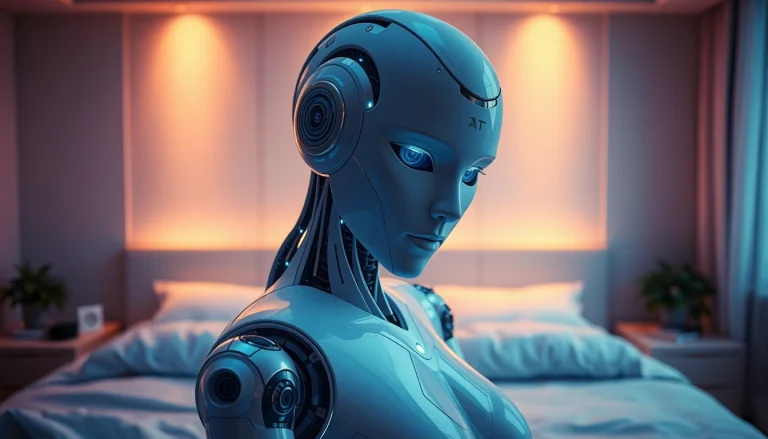 AI sex redefined: A humanoid robot in a modern bedroom, blending technology with intimacy.