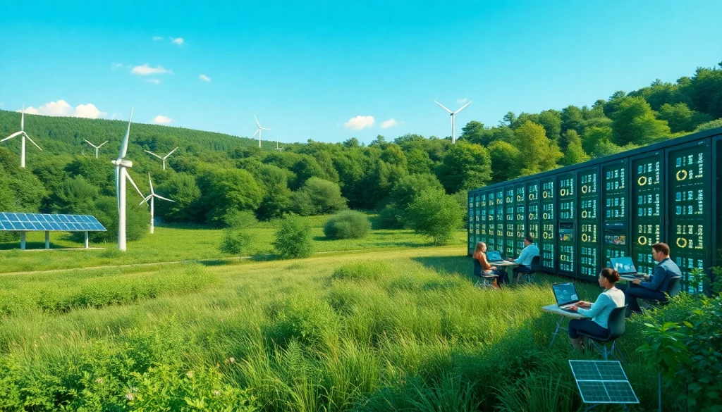 Cloud mining app technology in a sustainable facility showcasing AI and renewable energy sources.