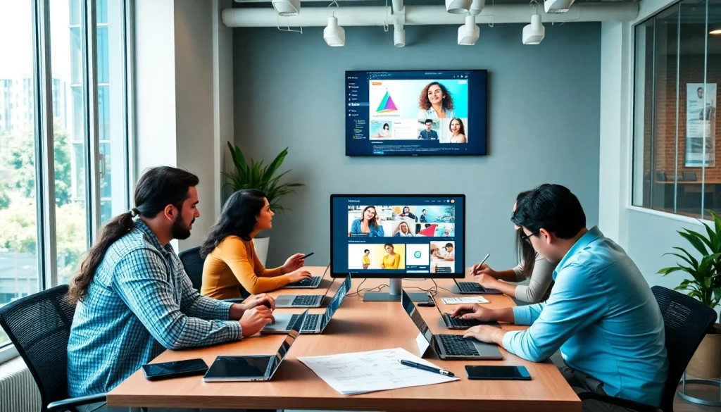 Professional workspace depicting dịch vụ thiết kế website collaboration with diverse team members.