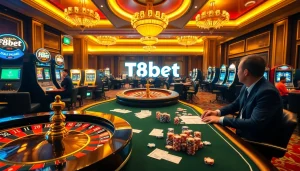 Tại F8bet showcases players at an exciting casino environment with poker tables and roulette wheels.
