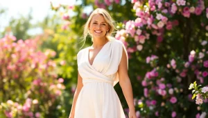 Rivelle clothing displayed by a model in a vibrant floral setting, embodying elegance and style.