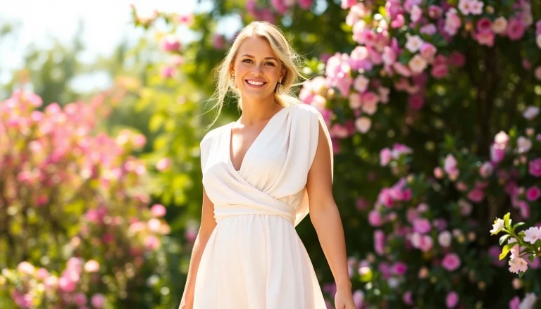 Rivelle clothing displayed by a model in a vibrant floral setting, embodying elegance and style.