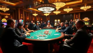 Engaged gamblers enjoying a high-stakes poker game at a luxurious casino featuring go8 elements.