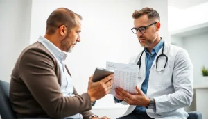 Engaging consultation on hair transplant London with a specialist and a patient in a modern clinic.