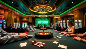 Exciting casino gaming experience at nh88 with engaging players, roulette, and cards.