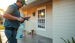 Professional soft wash cleaning technician restoring a home's exterior in Kissimmee, FL.