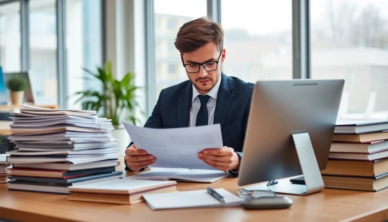 Tłumacz przysięgły diligently translating official documents in a modern office.