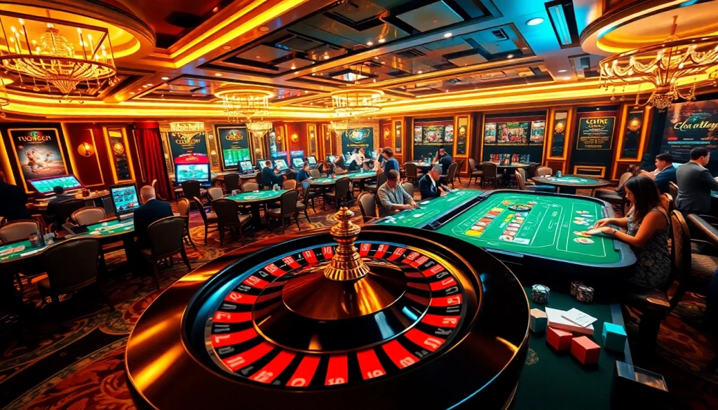 Engage with thrilling casino games at Trang chủ OK8386, featuring roulette, poker tables, and vibrant gameplay.