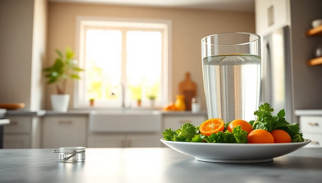 Learn about intermittent fasting through a vibrant kitchen setting with fresh vegetables and water.