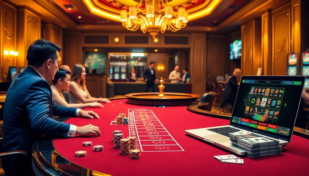 Engage with birutoto at a vibrant casino table featuring players, chips, and roulette.