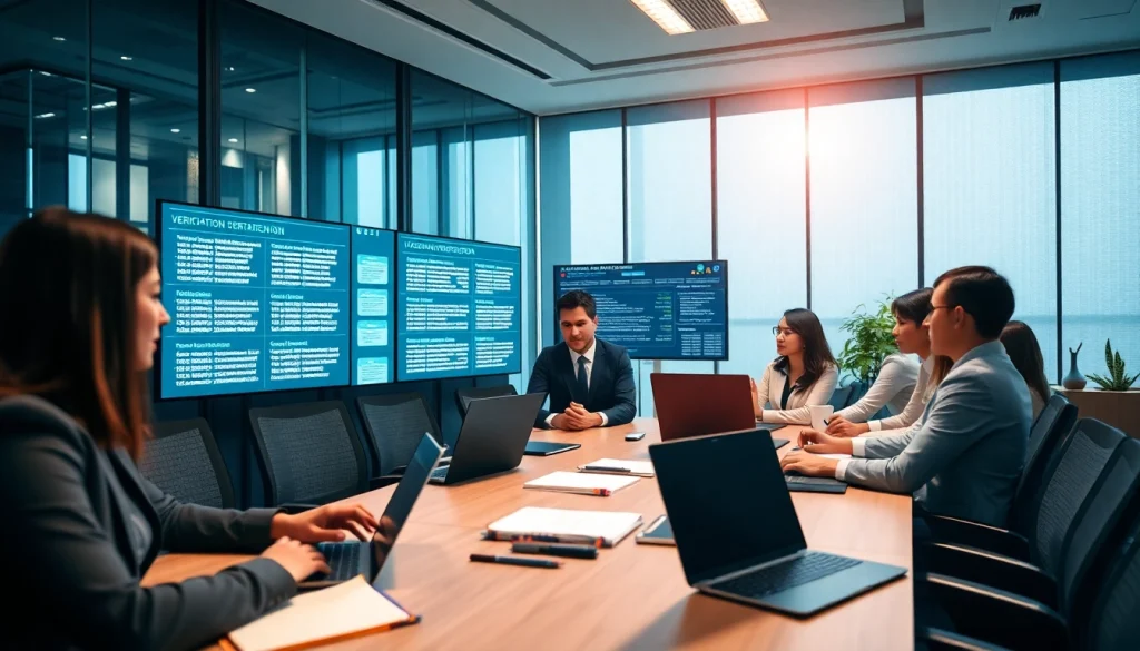 Online phone number verification in a modern office setting with professionals analyzing security data.