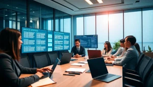 Online phone number verification in a modern office setting with professionals analyzing security data.