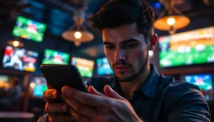 Engage with top sports betting apps Texas showcased on a mobile device amidst a vibrant sports bar setting.