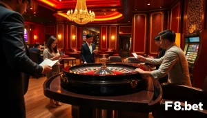 Exciting roulette action at F8bet casino with eager players, vibrant colors, and elegant decor.