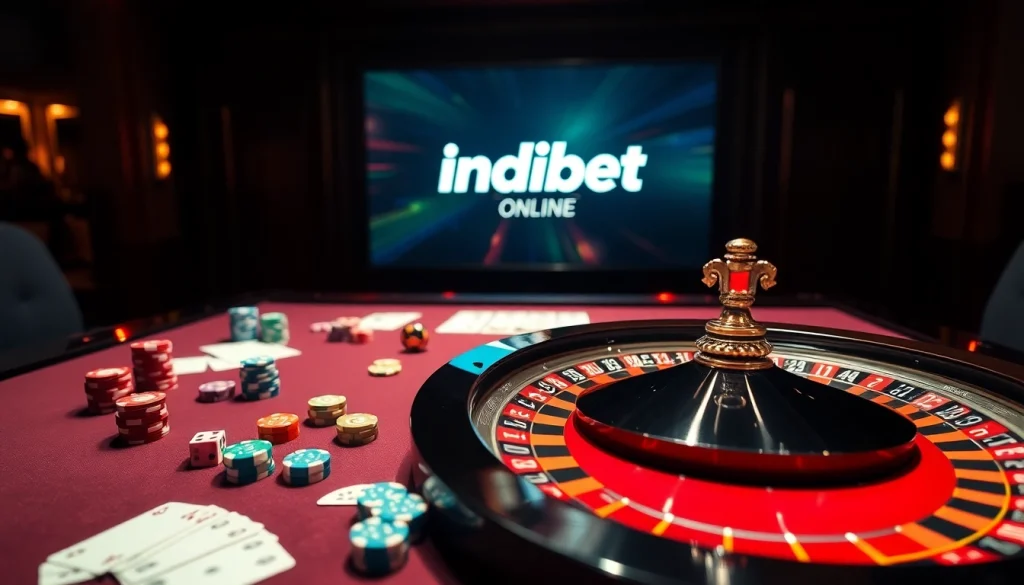 Experience the excitement of Indibet online with vibrant casino tables, poker chips, and a roulette wheel.