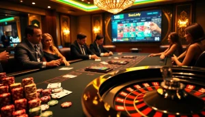 S8 casino players enjoy poker at a luxurious table, highlighting excitement and strategy.