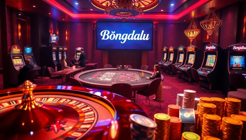 Bongdalu showcases players enjoying thrilling casino table games with vibrant poker chips and a roulette wheel.