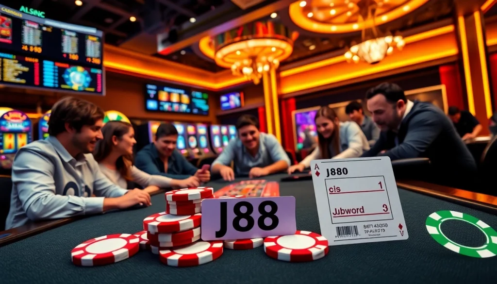 Casino players engaging in a high-stakes game with j88 betting slips featured prominently.