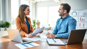 Public Adjuster Near Me aids homeowner in navigating insurance claims in modern office.